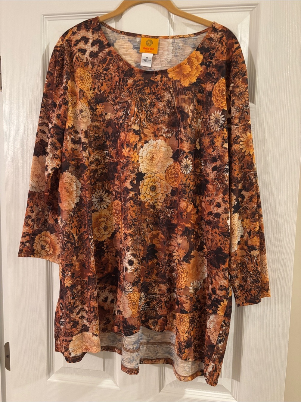 Ruby Rd. Orange and Brown Fall Floral Tunic Top